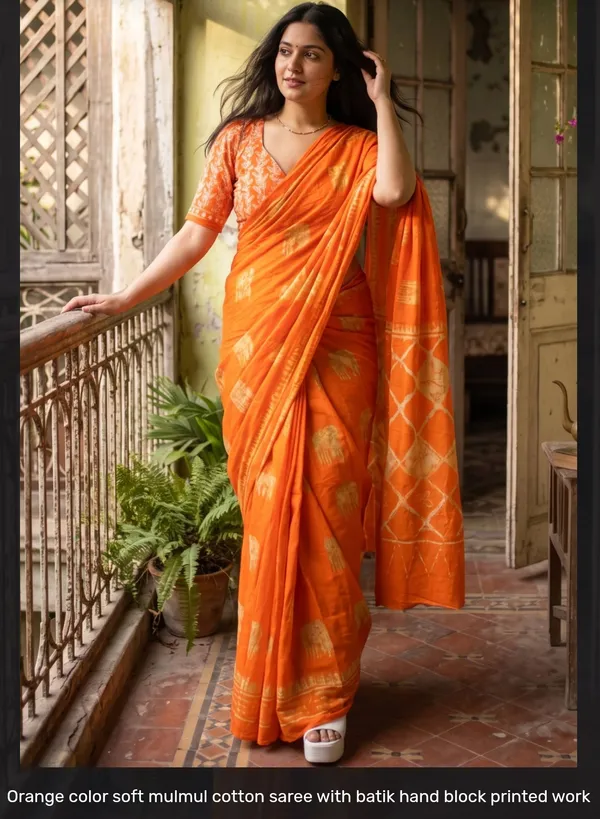 Orange_Mulmul_Cotton_Hand_Block_Print_Saree_For_Women