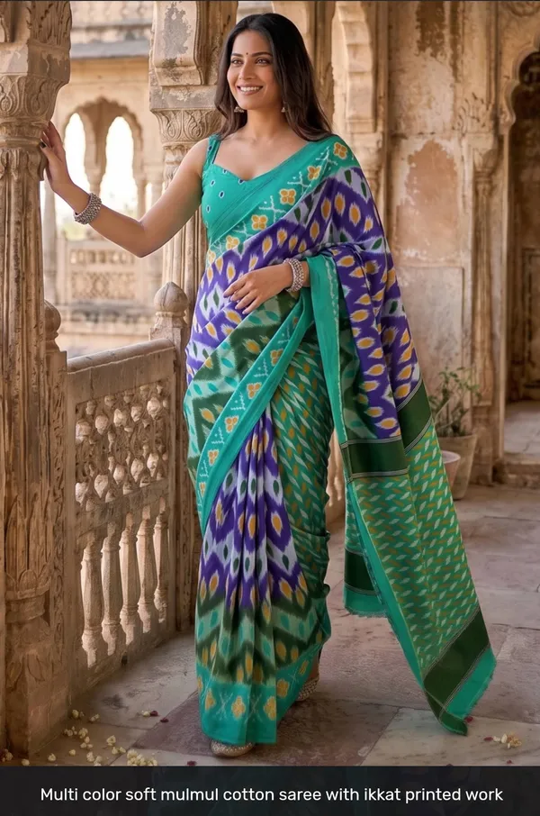 Multicolor_Mulmul_Cotton_Ikkat_Print_Saree_For_Women