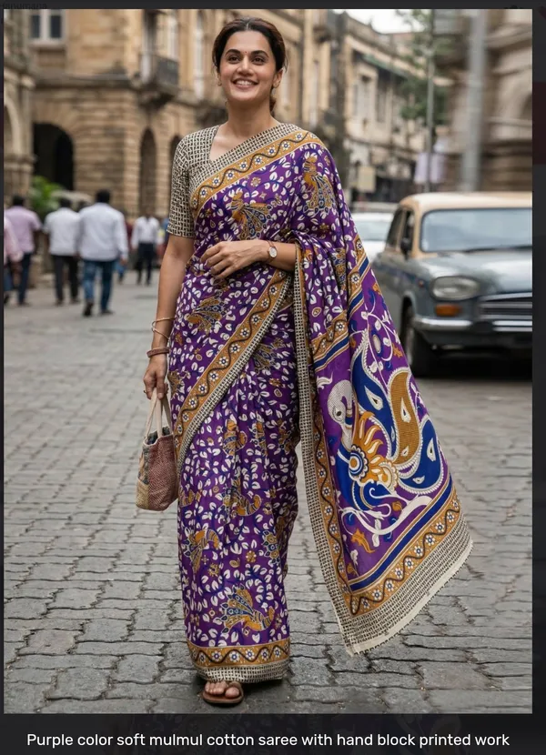 Purple_Mulmul_Cotton_Hand_Block_Print_Saree_For_Women
