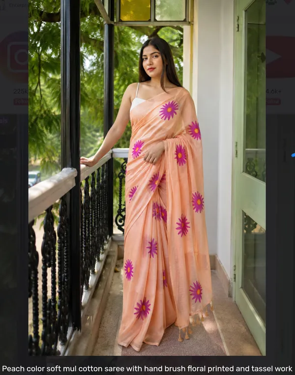 Peach_Mul_Cotton_Floral_Print_Saree_For_Women