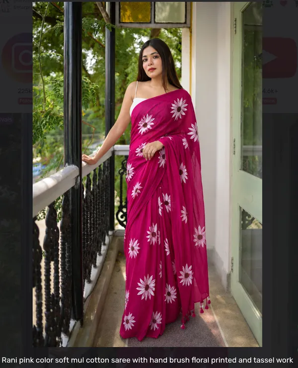 Rani_Pink_Mul_Cotton_Floral_Print_Saree_For_Women