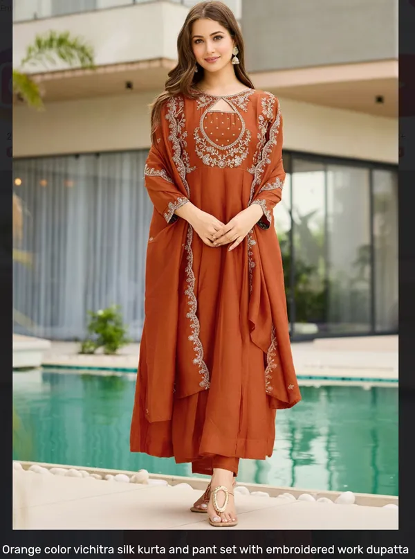 Orange_Vichitra_Silk_Embroidered_Kurta_Pant_Set_For_Women