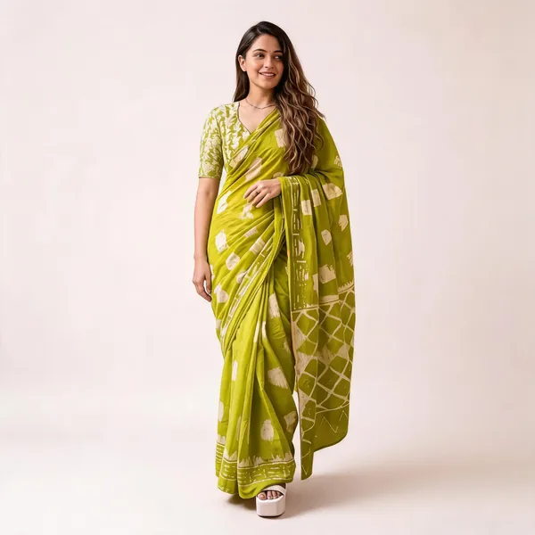 Green_Mulmul_Cotton_Batik_Print_Saree_For_Women