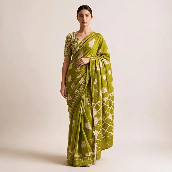 Green_Mulmul_Cotton_Batik_Print_Saree_For_Women