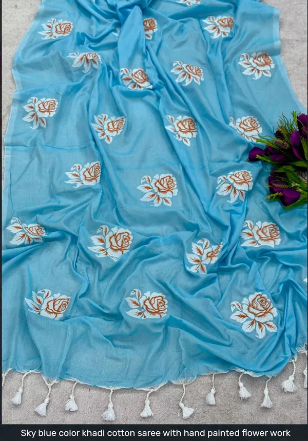 Sky_Blue_Khadi_Cotton_Floral_Saree_For_Women