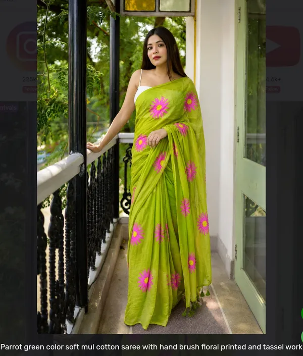 Parrot_Green_Mul_Cotton_Floral_Printed_Saree_For_Women