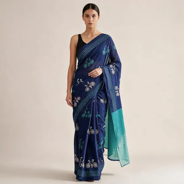 Blue_Mulmul_Cotton_Printed_Saree_For_Women