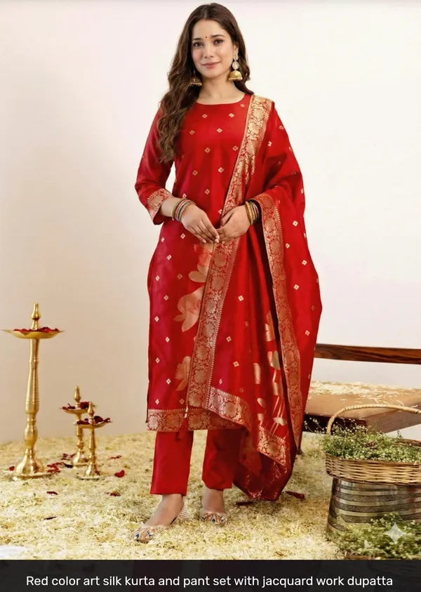Red_Art_Silk_Straight_Kurta_Pant_Set_For_Women