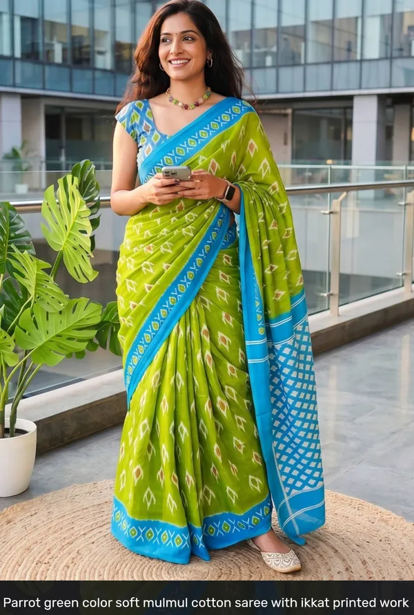 Parrot_Green_Mulmul_Cotton_Ikkat_Print_Saree_For_Women