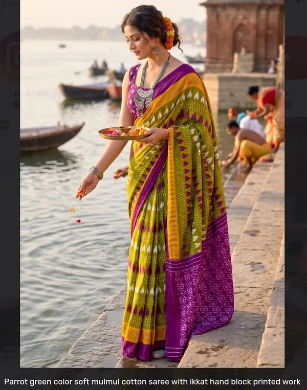 Parrot_Green_Mulmul_Cotton_Ikkat_Saree_For_Women