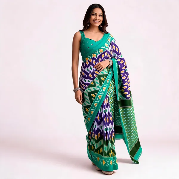 Multicolor_Mulmul_Cotton_Ikkat_Print_Saree_For_Women