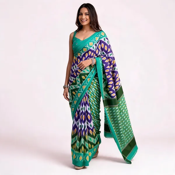Multicolor_Mulmul_Cotton_Ikkat_Print_Saree_For_Women