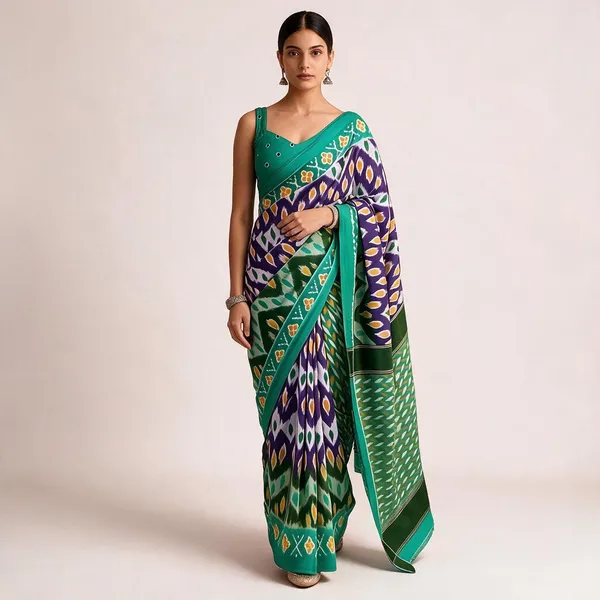 Multicolor_Mulmul_Cotton_Ikkat_Print_Saree_For_Women