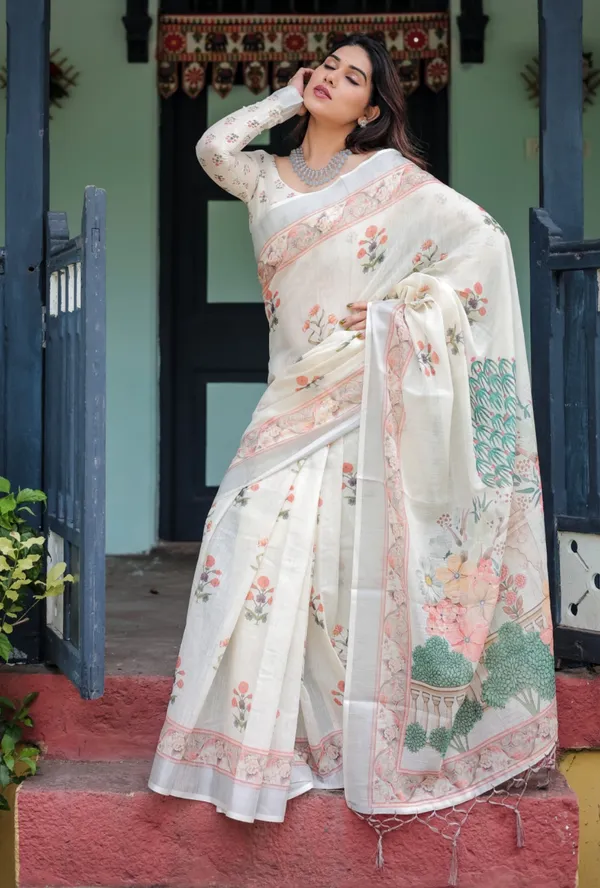 Cream_Mulmul_Cotton_Floral_Print_Saree_For_Women