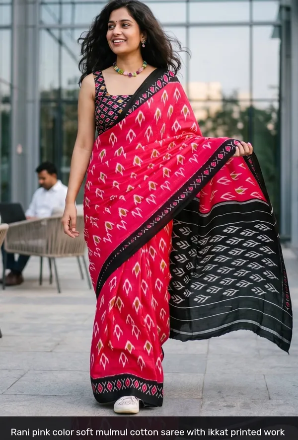 Rani_Pink_Mulmul_Cotton_Ikkat_Print_Saree_For_Women