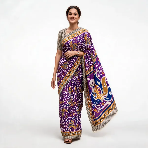 Purple_Mulmul_Cotton_Hand_Block_Print_Saree_For_Women
