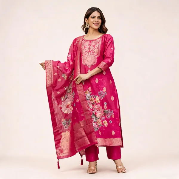Rani_Pink_Chanderi_Cotton_Kurta_Pant_Dupatta_Set_For_Women