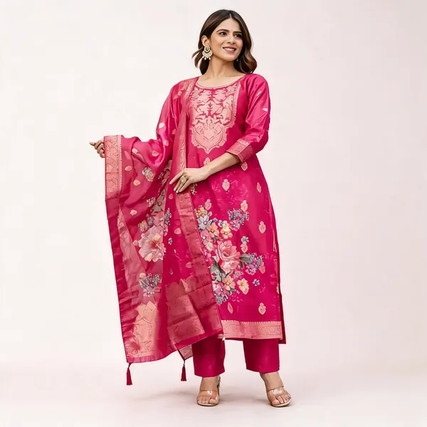 Rani_Pink_Chanderi_Cotton_Kurta_Pant_Dupatta_Set_For_Women