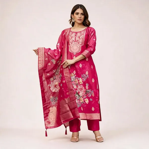 Rani_Pink_Chanderi_Cotton_Kurta_Pant_Dupatta_Set_For_Women