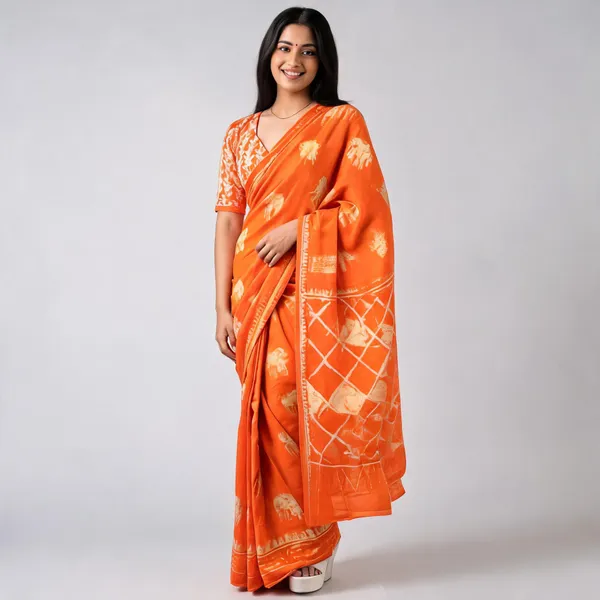 Orange_Mulmul_Cotton_Hand_Block_Print_Saree_For_Women