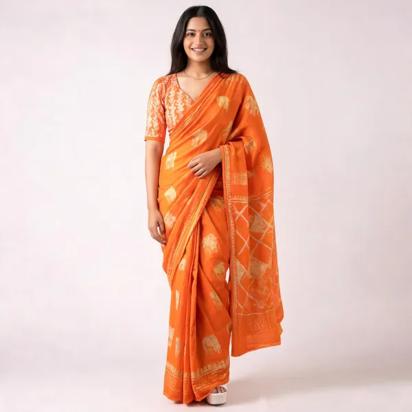 Orange_Mulmul_Cotton_Hand_Block_Print_Saree_For_Women
