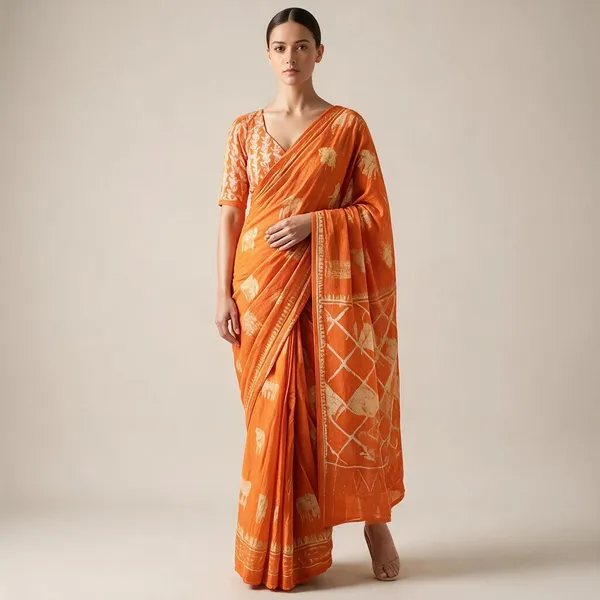 Orange_Mulmul_Cotton_Hand_Block_Print_Saree_For_Women