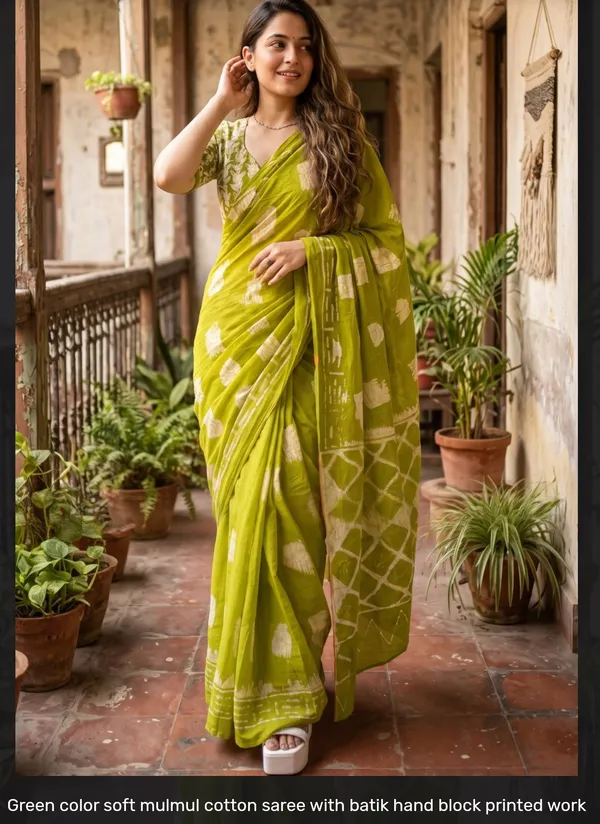 Green_Mulmul_Cotton_Batik_Print_Saree_For_Women