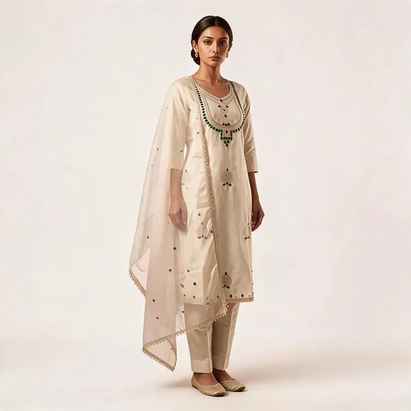 Cream_Glass_Roman_handwork_pieces_Kurta_Set_For_Women