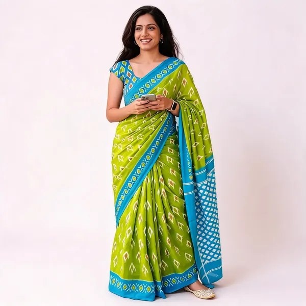 Parrot_Green_Mulmul_Cotton_Ikkat_Print_Saree_For_Women