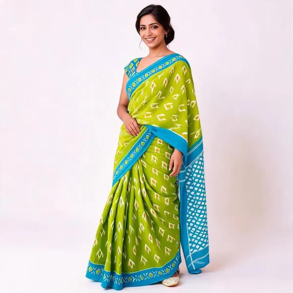 Parrot_Green_Mulmul_Cotton_Ikkat_Print_Saree_For_Women