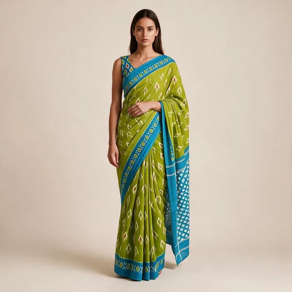 Parrot_Green_Mulmul_Cotton_Ikkat_Print_Saree_For_Women