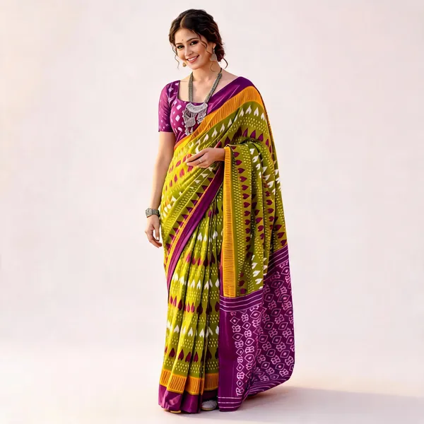 Parrot_Green_Mulmul_Cotton_Ikkat_Saree_For_Women