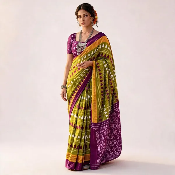 Parrot_Green_Mulmul_Cotton_Ikkat_Saree_For_Women