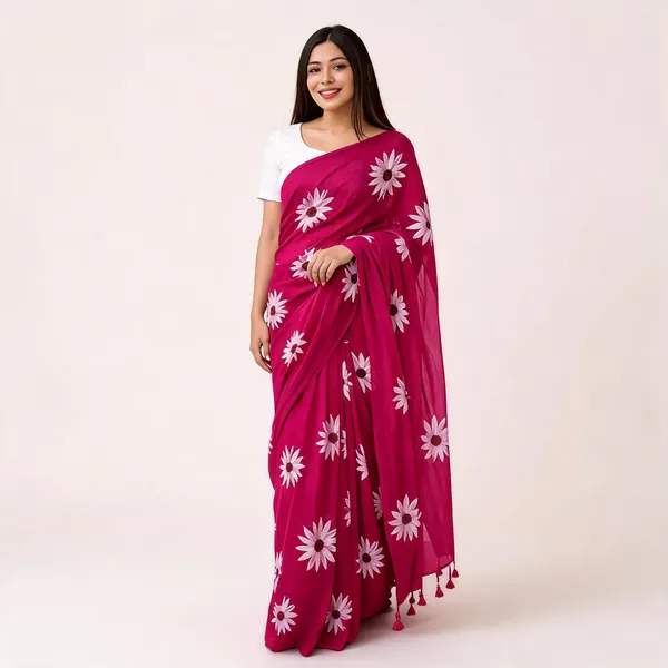 Rani_Pink_Mul_Cotton_Floral_Print_Saree_For_Women