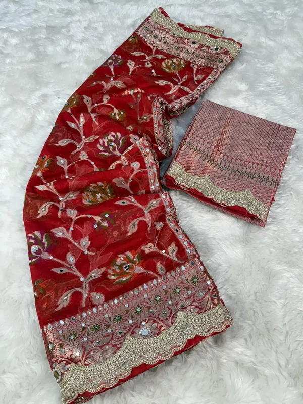 Deep_Red_Premium_Georgette_Floral_Zadi_weaving_,_mirror_&_sequin_work_Saree_with_blouse_piece