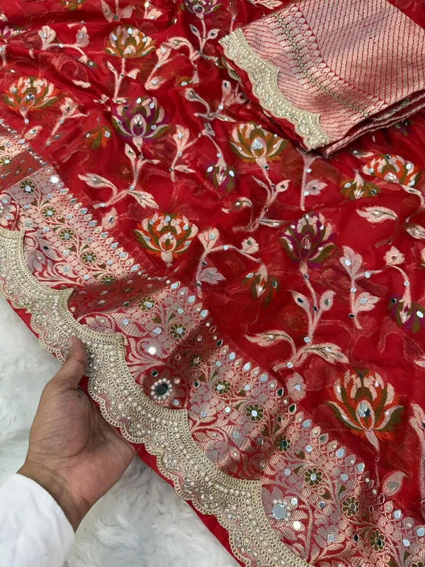 Deep_Red_Premium_Georgette_Floral_Zadi_weaving_,_mirror_&_sequin_work_Saree_with_blouse_piece