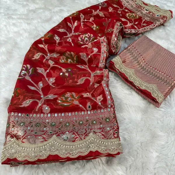 Deep_Red_Premium_Georgette_Floral_Zadi_weaving_,_mirror_&_sequin_work_Saree_with_blouse_piece