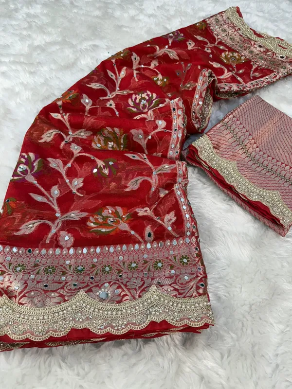 Deep_Red_Premium_Georgette_Floral_Zadi_weaving_,_mirror_&_sequin_work_Saree_with_blouse_piece
