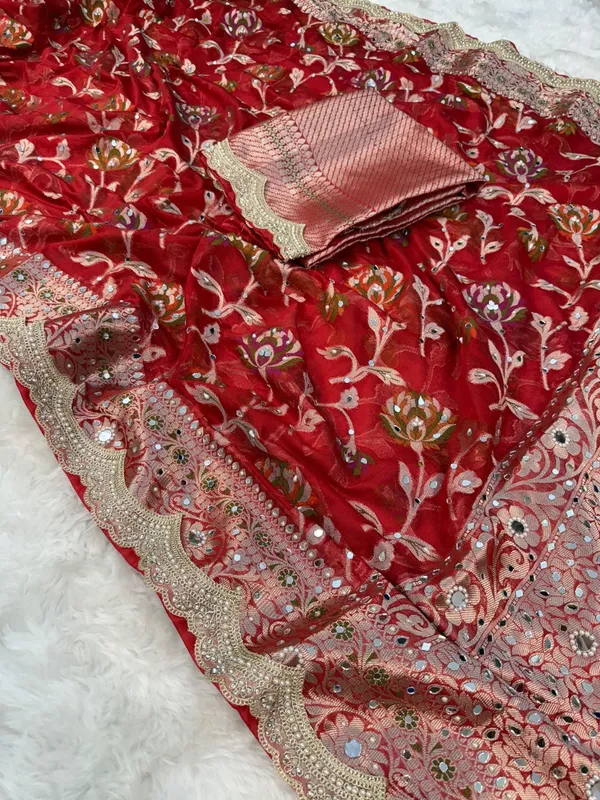 Deep_Red_Premium_Georgette_Floral_Zadi_weaving_,_mirror_&_sequin_work_Saree_with_blouse_piece
