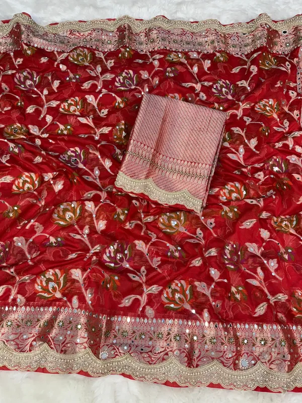 Deep_Red_Premium_Georgette_Floral_Zadi_weaving_,_mirror_&_sequin_work_Saree_with_blouse_piece