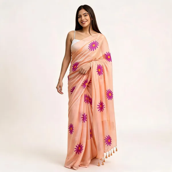 Peach_Mul_Cotton_Floral_Print_Saree_For_Women