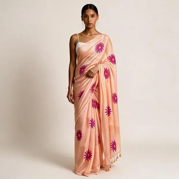 Peach_Mul_Cotton_Floral_Print_Saree_For_Women