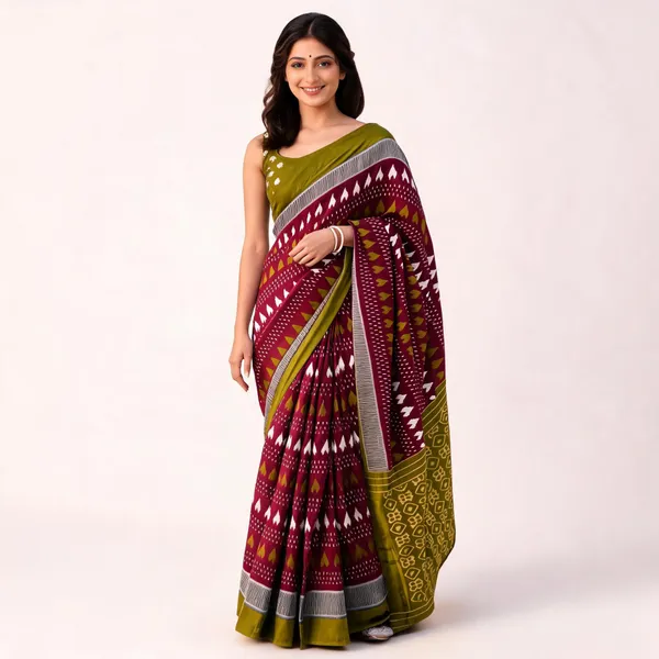 Magenta_Mulmul_Cotton_Ikkat_Saree_For_Women