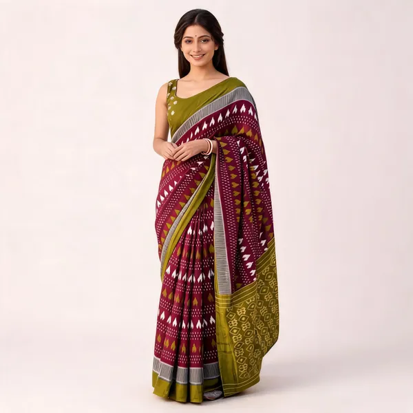 Magenta_Mulmul_Cotton_Ikkat_Saree_For_Women