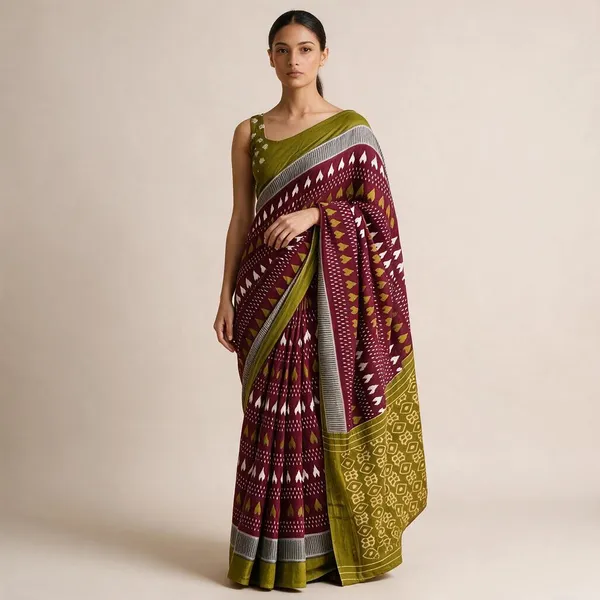 Magenta_Mulmul_Cotton_Ikkat_Saree_For_Women