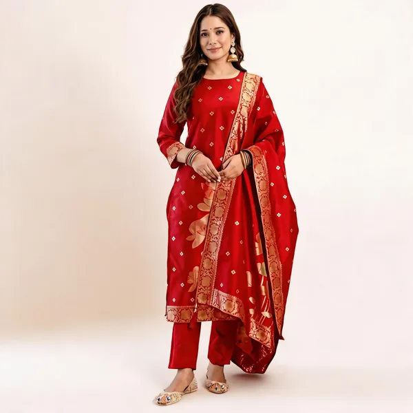 Red_Art_Silk_Straight_Kurta_Pant_Set_For_Women