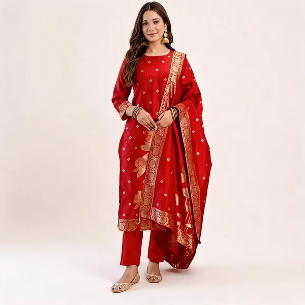 Red_Art_Silk_Straight_Kurta_Pant_Set_For_Women