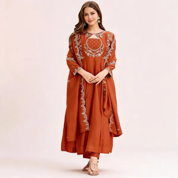 Orange_Vichitra_Silk_Embroidered_Kurta_Pant_Set_For_Women