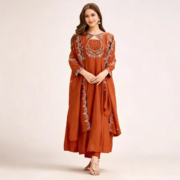 Orange_Vichitra_Silk_Embroidered_Kurta_Pant_Set_For_Women
