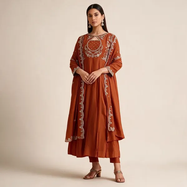 Orange_Vichitra_Silk_Embroidered_Kurta_Pant_Set_For_Women